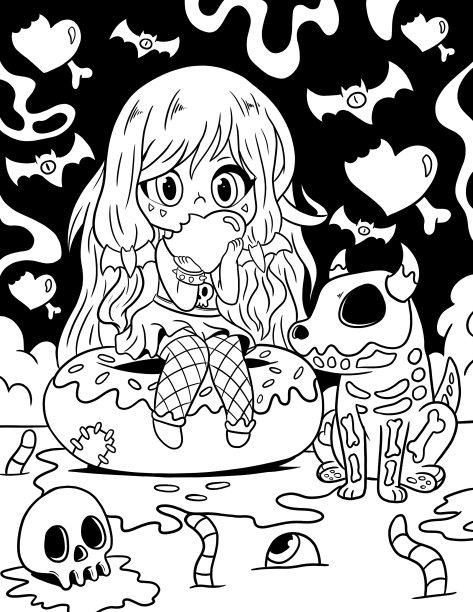 午夜恐怖惊悚哥特式涂色书图片下载