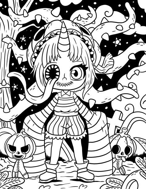 午夜恐怖惊悚哥特式涂色书图片下载