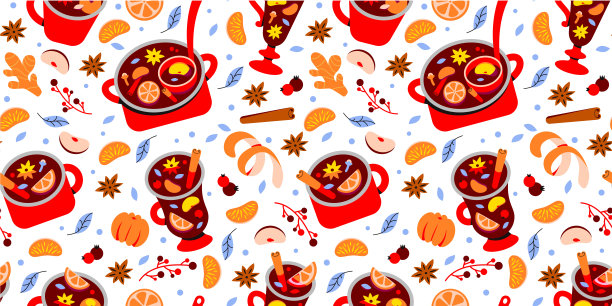 圣诞无缝模式的热冬季饮料热葡萄酒，烈酒，潘趣酒或桑格利亚汽酒。杯中的酒和香料。图片下载