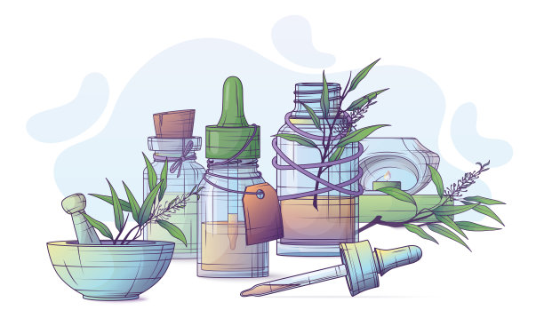 矢量插图瓶精油，茶树树叶，香薰灯，臼和杵。图片下载