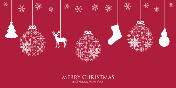 圣诞节新年主题卡片：悬挂球饰与雪花红色banner矢量素材图片下载