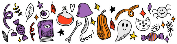 万圣节向量元素集。线条艺术平面设计。包装的轮廓符号。为促销横幅和卡片设计图标。南瓜，南瓜灯，糖果，毒药，蜡烛，咒语，骨头，魔法。图片下载