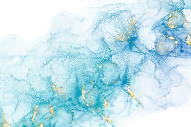 柔和的青色薄荷液体大理石水彩背景与金线和刷污渍。蓝绿色大理石纹酒精油墨绘图效果。矢量插画背景，水彩婚礼请柬。图片下载