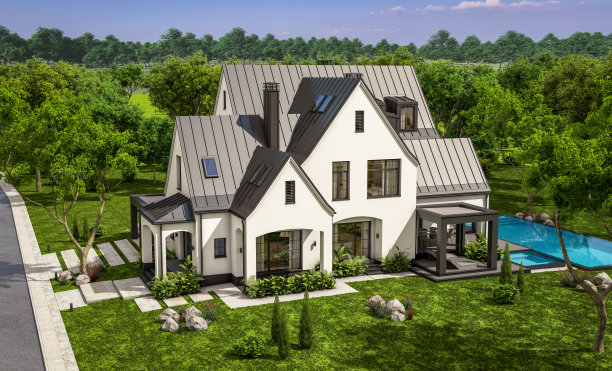 3d渲染的黑白现代都铎式住宅图片下载