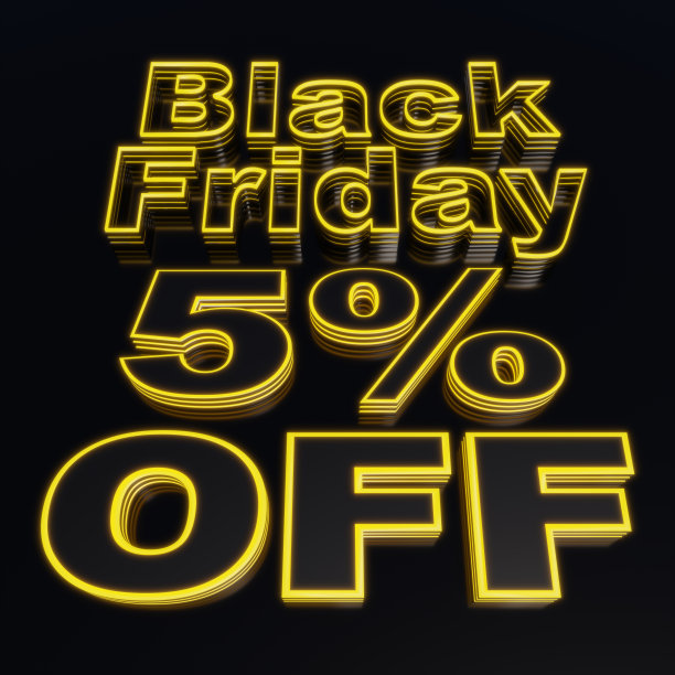 3d渲染文本说“黑色星期五”和“5%的折扣”，黑色风格与黄色霓虹灯，黑色背景，黑色星期五优惠，5%的折扣。图片下载