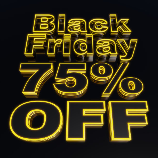 文字的3d渲染说“黑色星期五”和“75%的折扣”，黑色风格与黄色霓虹灯，黑色背景，黑色星期五优惠，75%的折扣。图片下载