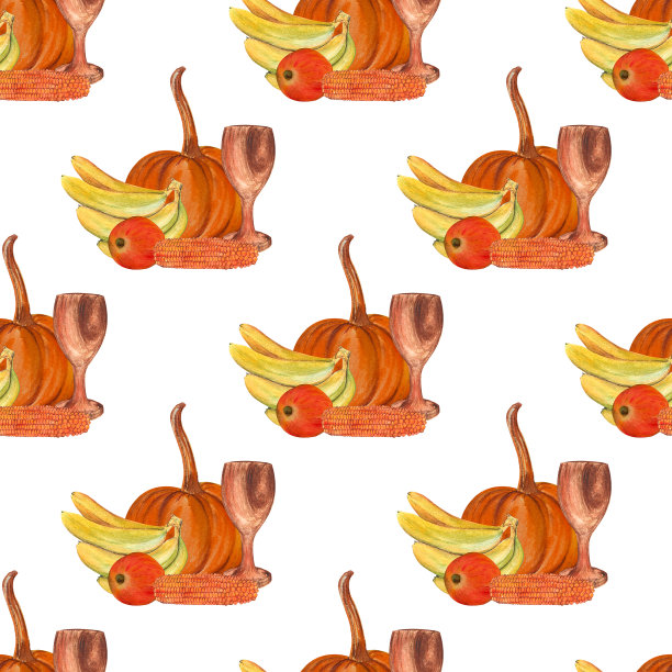 鲜橘色的玉米、南瓜、香蕉、苹果，象征丰收的木杯、水彩图案。宽扎节。孤立的白色背景，手绘。图片下载