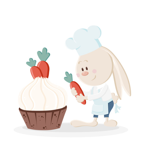 可爱的兔子在围裙烤巧克力纸杯蛋糕与奶油和胡萝卜。烹饪和烘焙。圣诞节，新年和复活节彩色矢量插图。卡通风格的兔子集合图片下载