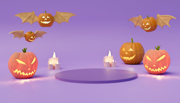 万圣节主题产品展示平台紫色图形背景与一堆3D飞行南瓜灯笼图片下载