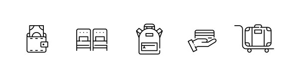 酒店相关的图标。现金，信用卡支付，单人床，背包和行李。像素完美，可编辑的笔画图片下载