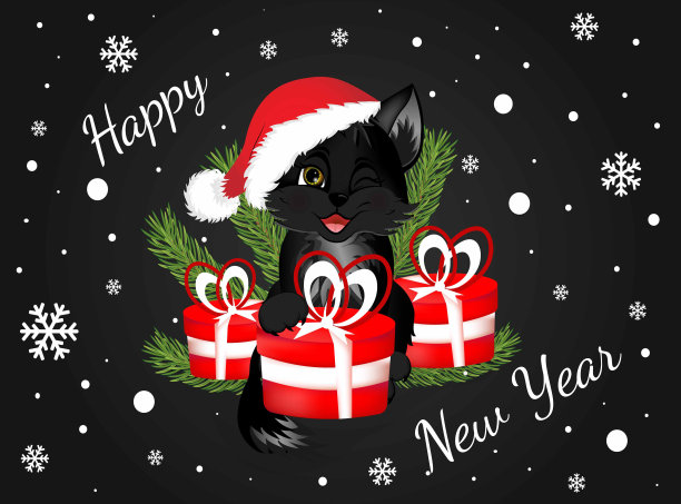 祝福的明信片。新年快乐，圣诞快乐，黑猫和红色礼品盒。图片下载