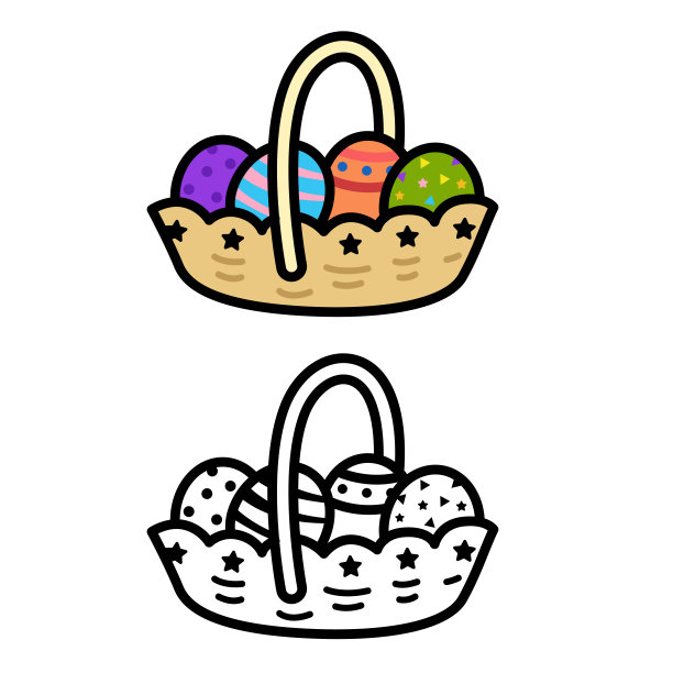 插图孤立的彩色和黑白篮子与复活节彩蛋图片下载