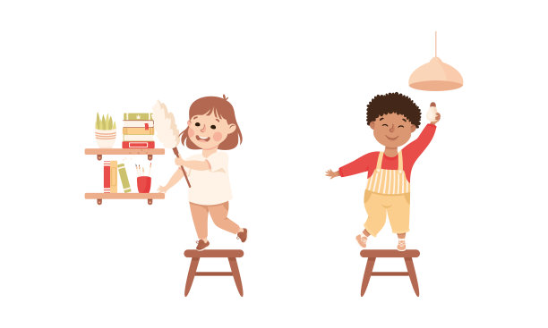 可爱的孩子在做家务。小女孩擦拭灰尘，男孩更换灯泡卡通矢量插图图片下载