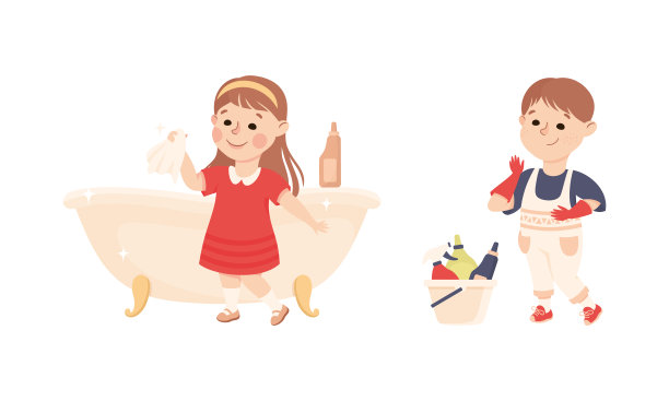 可爱的孩子在做家务。小女孩清理浴缸，男孩戴着手套使用清洁剂卡通矢量插图图片下载