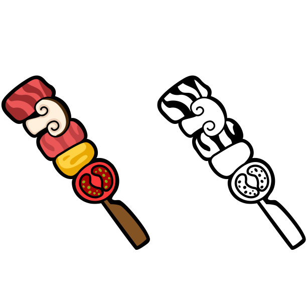 插图孤立的彩色和黑白烧烤食物在火上烤图片下载