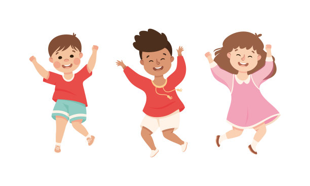 快乐快乐的多元文化的孩子们在一起玩耍，跳舞或快乐地跳跃卡通矢量插画图片下载