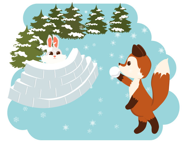 狐狸和兔子玩雪球。兔子躲在雪堡里图片下载