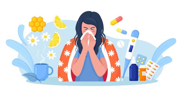 小女孩患了扁桃腺炎或流感或其他病毒感冒妇女打喷嚏咳嗽，用手帕或餐巾。治疗疾病的方法有药丸、药物、加柠檬的热茶、蜂蜜图片下载