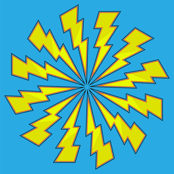 黄色卡通闪电图标孤立在蓝色背景上图片下载