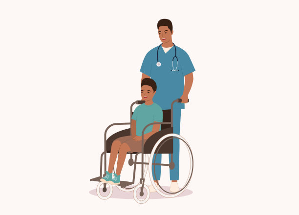 黑人男护士推着残疾男孩的轮椅。图片下载