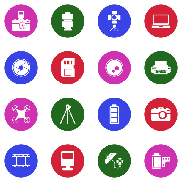 摄影设备图标。圆形白色平面设计。矢量插图。图片下载