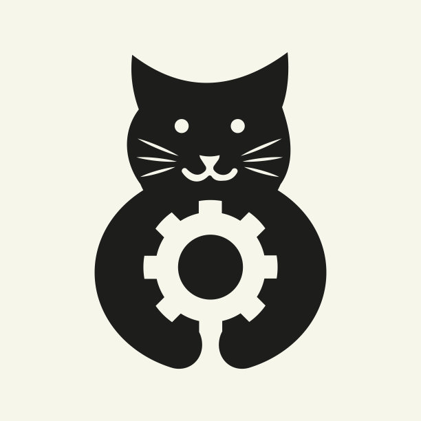 猫齿轮标志负空间概念矢量模板。抱猫齿轮符号图片下载