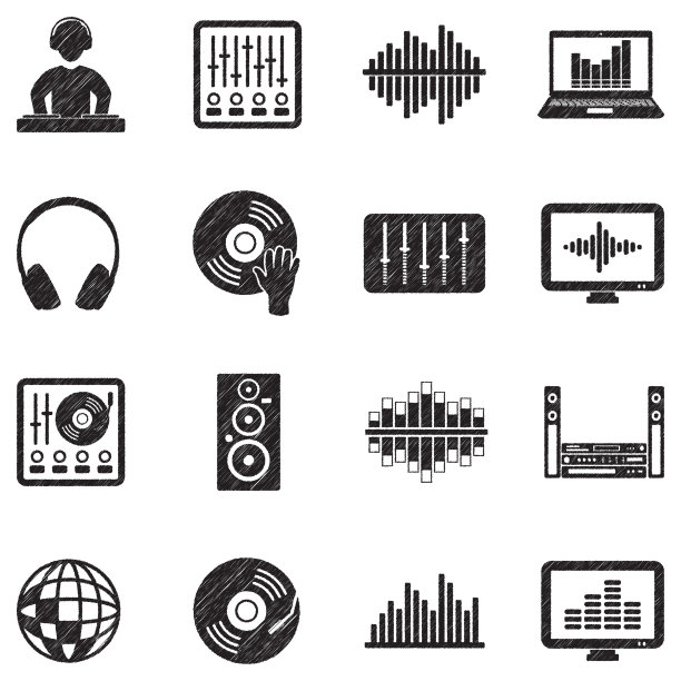 电子音乐图标。黑色涂鸦设计。矢量插图。图片下载