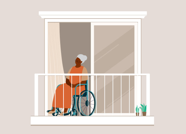 坐在阳台上坐轮椅的黑人老年妇女。图片下载