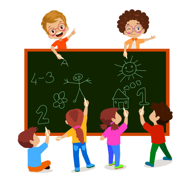 可爱的学生在黑板上涂鸦图片下载