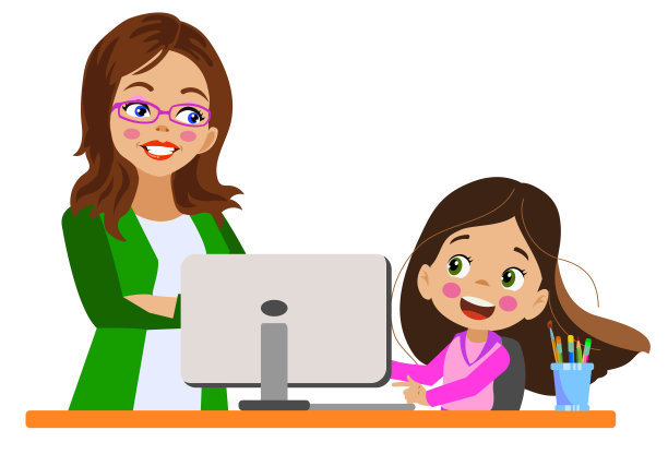 可爱的女孩和妈妈在桌子上用电脑工作图片下载