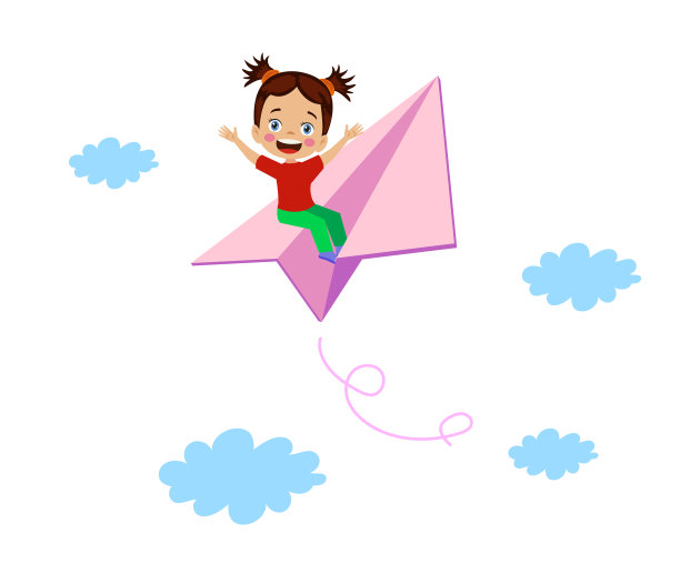 可爱快乐的女孩在天上飞着纸飞机图片下载