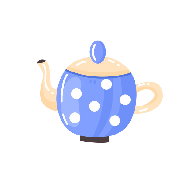 蓝色茶壶，卡通风格的白色圆点孤立在白色背景上。图片下载