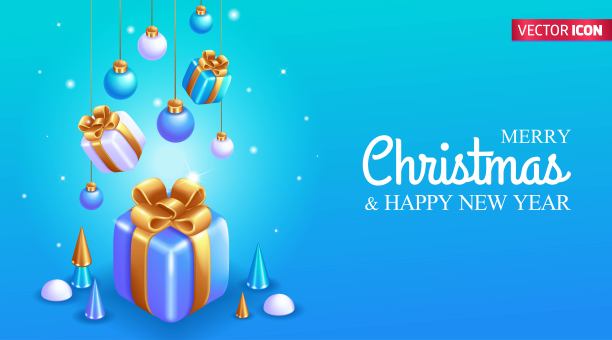 逼真的3D等距插图。圆锥形抽象的金色圣诞树。白鹿。圣诞球挂在丝带上。明亮的冬季节日组成。问候横幅，海报和卡片图片下载