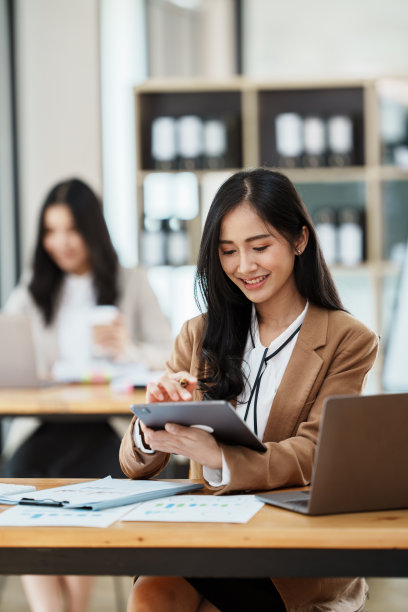 肖像的女商人工作与电脑设备在办公室的房间。图片下载