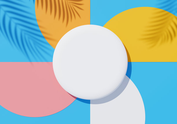 白色空白圆柱形框架的3d渲染顶视图，用于模拟和展示棕榈叶、大地色调和紫色墙壁背景的阴影产品。创意概念。寡妇的影子。图片下载