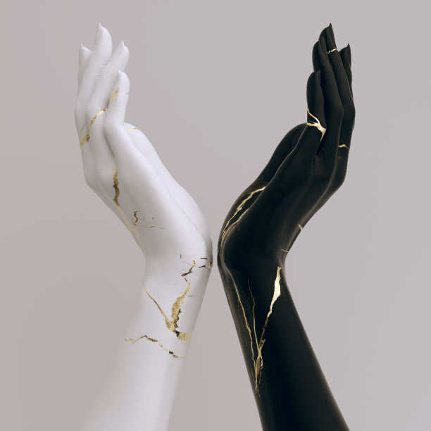 两个黑白雕塑的手保持安全或慈善的姿态，呈现概念3d渲染图片下载