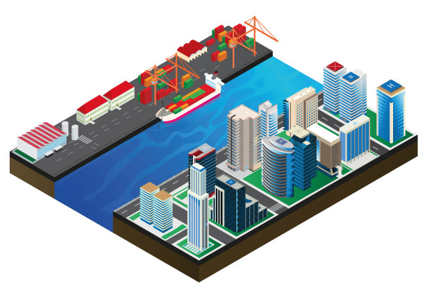 等距港口城市与货船装载图片下载