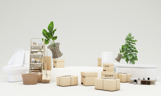 在促销和折扣期间出售家庭装饰和家具它被床、厕所、浴缸、架子和横幅包围。背景3 d渲染图片下载