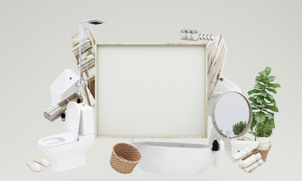 在促销和折扣期间出售家庭装饰和家具它被床、厕所、浴缸、架子和横幅包围。背景3 d渲染图片下载