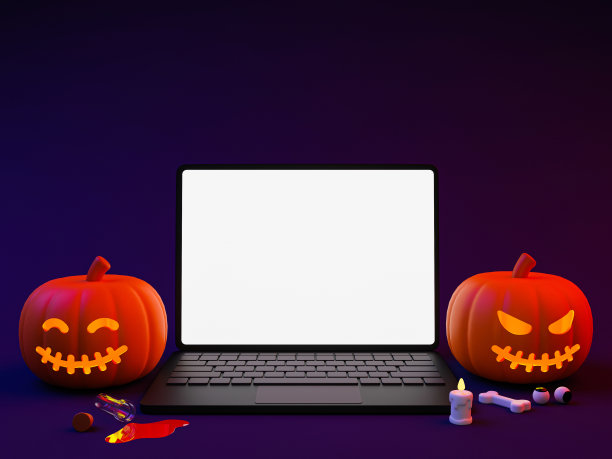 3d最小万圣节模板。万圣节派对模型。万圣节主题的空白屏幕笔记本电脑。有骷髅，骨头和蜡烛的笔记本电脑。3 d渲染。图片下载