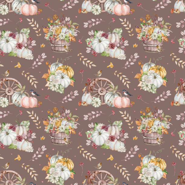 水彩背景与秋天的花，树叶，鸟，蘑菇，浆果和南瓜。感恩节的模式。图片下载