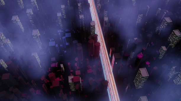 3d渲染的赛博朋克夜城景观概念。灯光在黑暗的场景中发光。晚上的生活。5g技术网络。超越世代和未来的科幻首都和建筑场景。图片下载