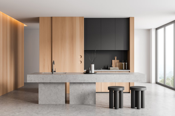 现代厨房内部与岛和座椅，厨房用具和窗户图片下载