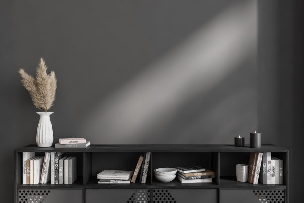 灰色画廊室内与餐具柜和装饰，模型墙图片下载