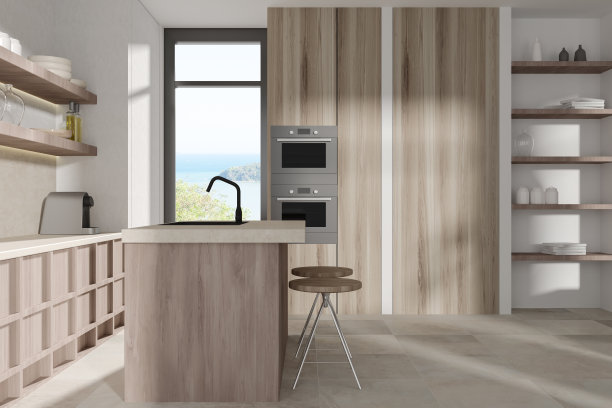 时尚的厨房内部，酒吧岛和凳子，全景窗口图片下载