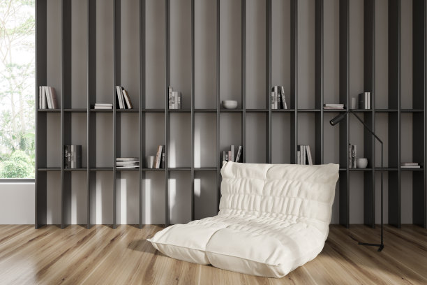 时尚放松的室内与柔软的地方和架子与装饰，全景窗口图片下载