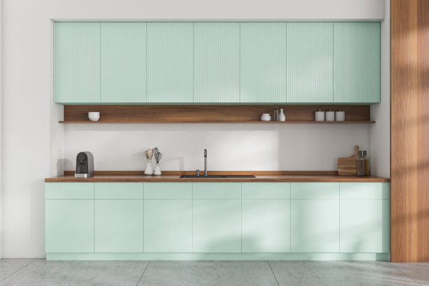 时尚的烹饪室内与架子和厨房用具，烹饪区图片下载