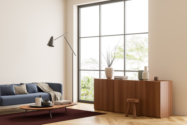 室内有沙发和带全景窗的梳妆台图片下载