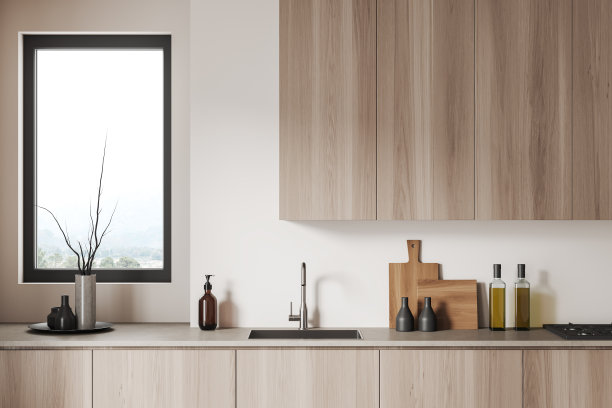 厨房内部有架子和厨具，烹饪区和窗户图片下载