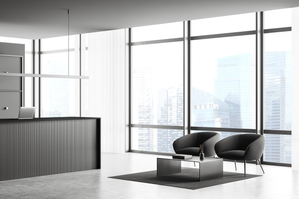 灰色的商务室内设有冷区和接待台，全景窗图片下载